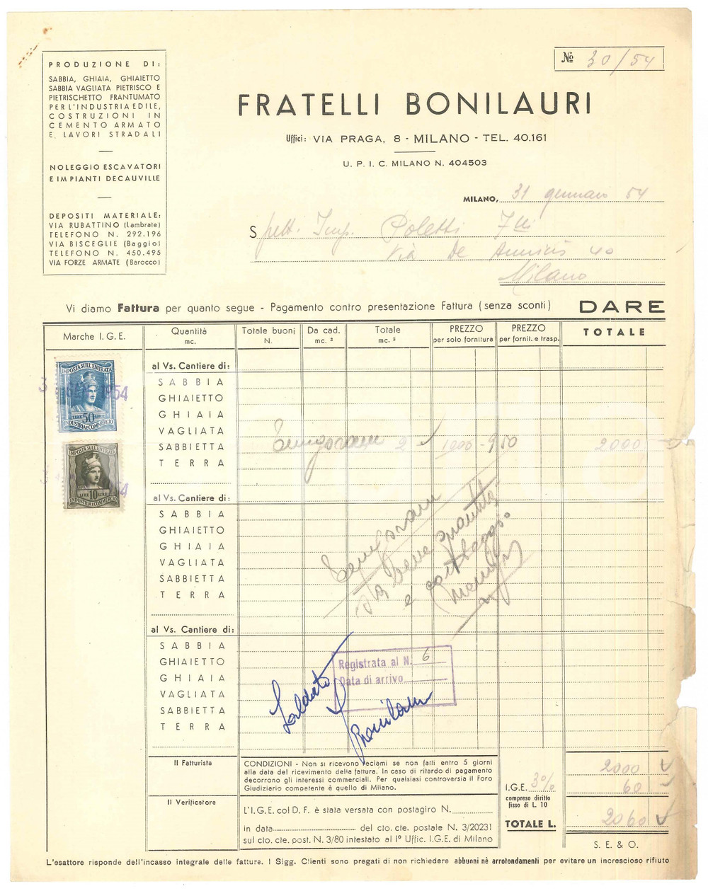 Documento originale, autentico 1954 MILANO Via Praga 8  Fratelli BONILAURI sabbia e ghiaietto  Fattura 1