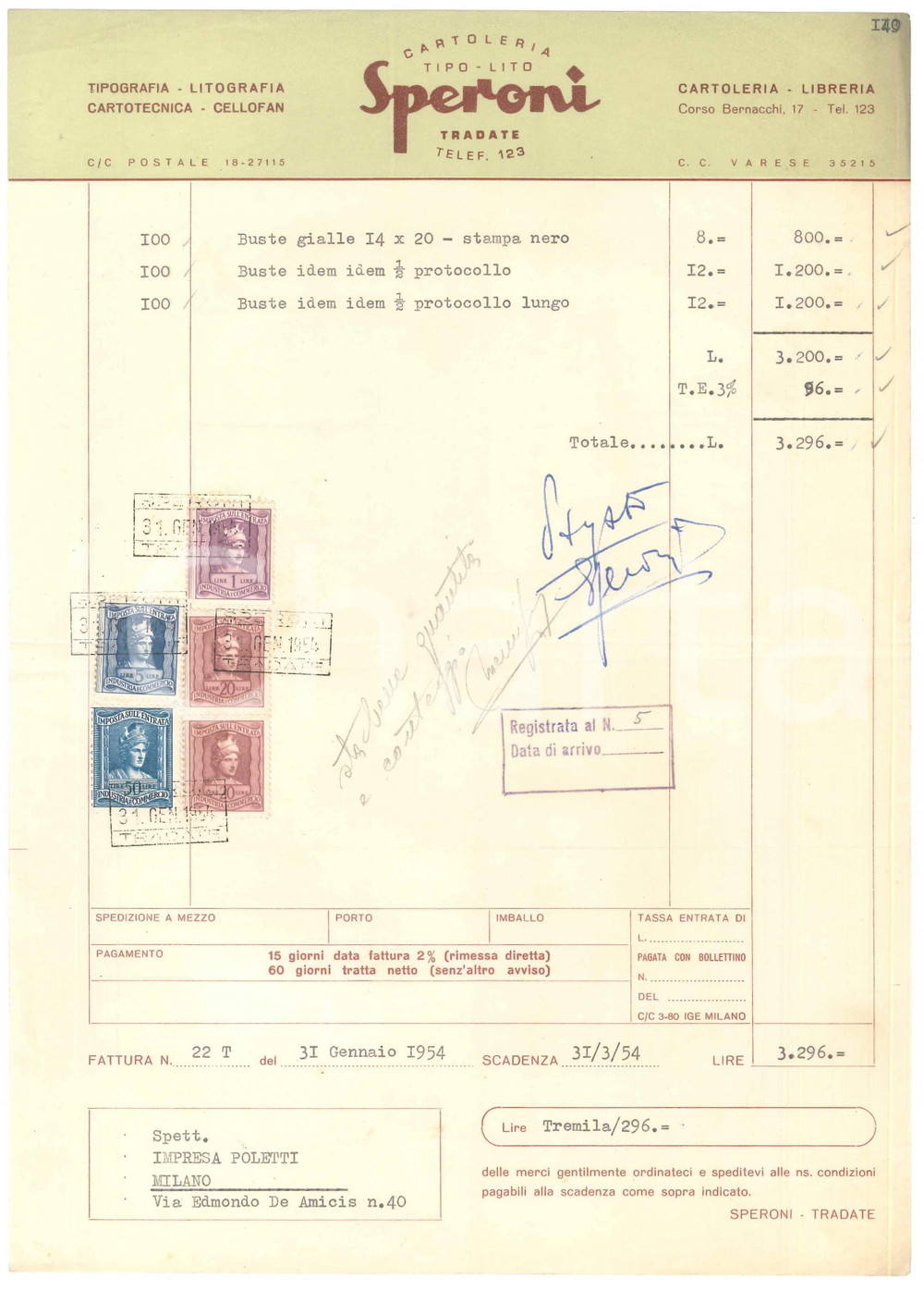 Documento originale, autentico 1954 TRADATE VA Cartoleria tipolito SPERONI  Fattura intestata 1