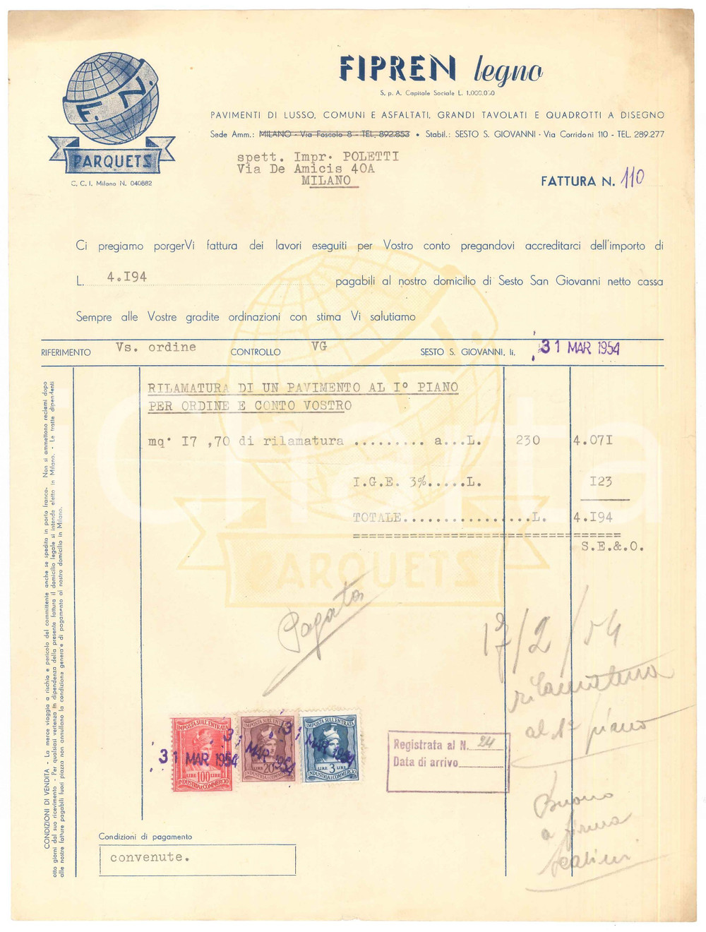Documento originale, autentico 1954 SESTO SAN GIOVANNI  Ditta FIPREN legno  Fattura per pavimento 1