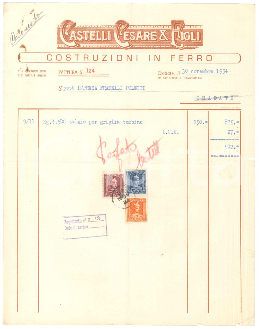 Documento originale, autentico 1954 TRADATE VA  CASTELLI Cesare & Figli costruzioni in ferro  Fattura 1