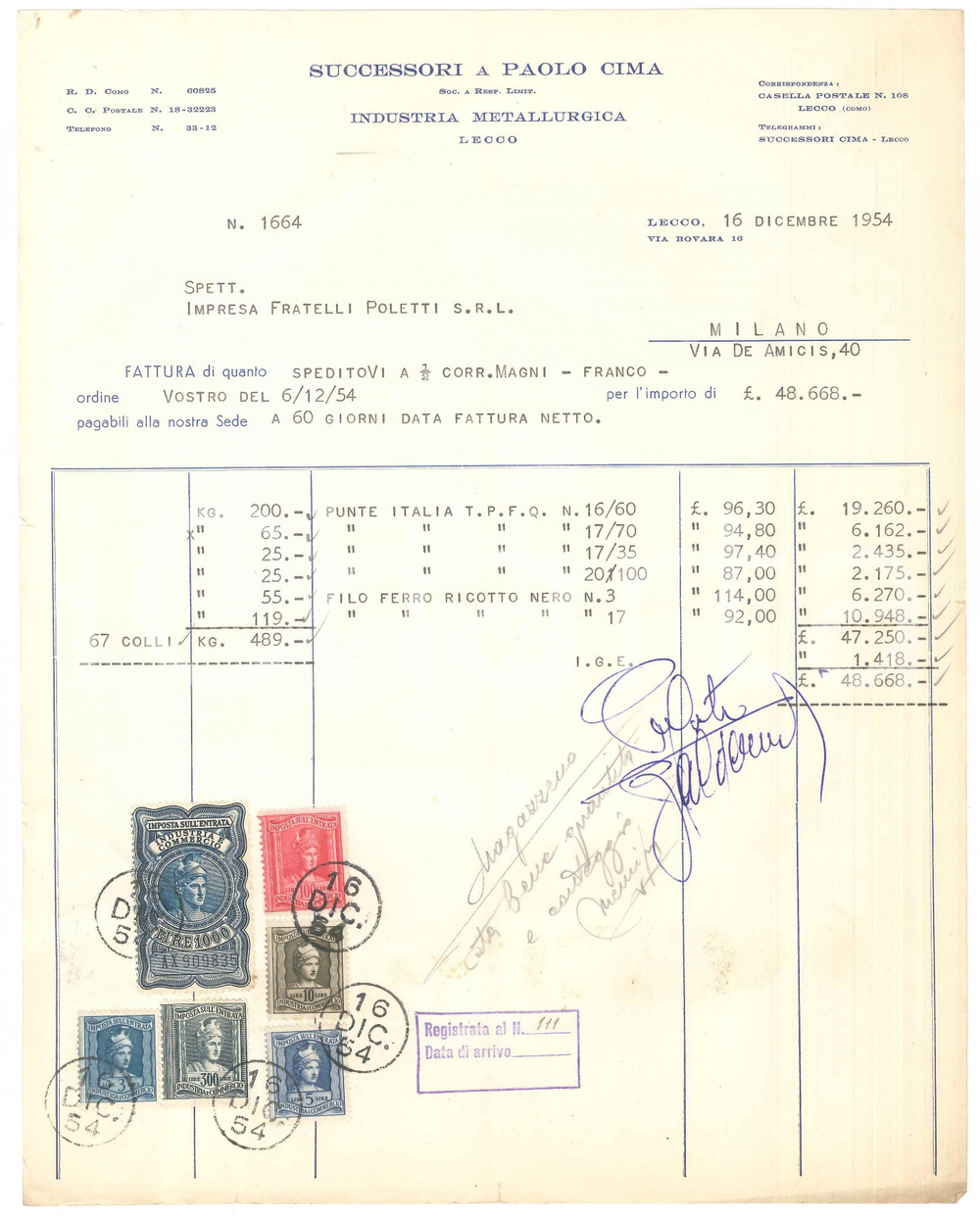 Documento originale, autentico 1954 LECCO  Successori Paolo CIMA industria metallurgica  Fattura 1
