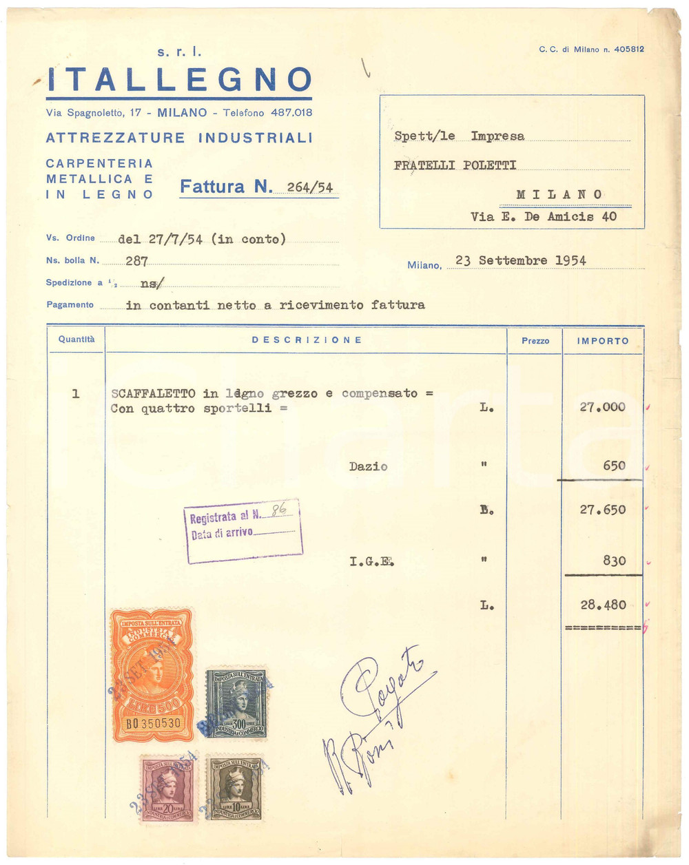 Documento originale, autentico 1954 MILANO Via Spagnoletto 17  ITALLEGNO carpenteria  Fattura scaffaletto 1