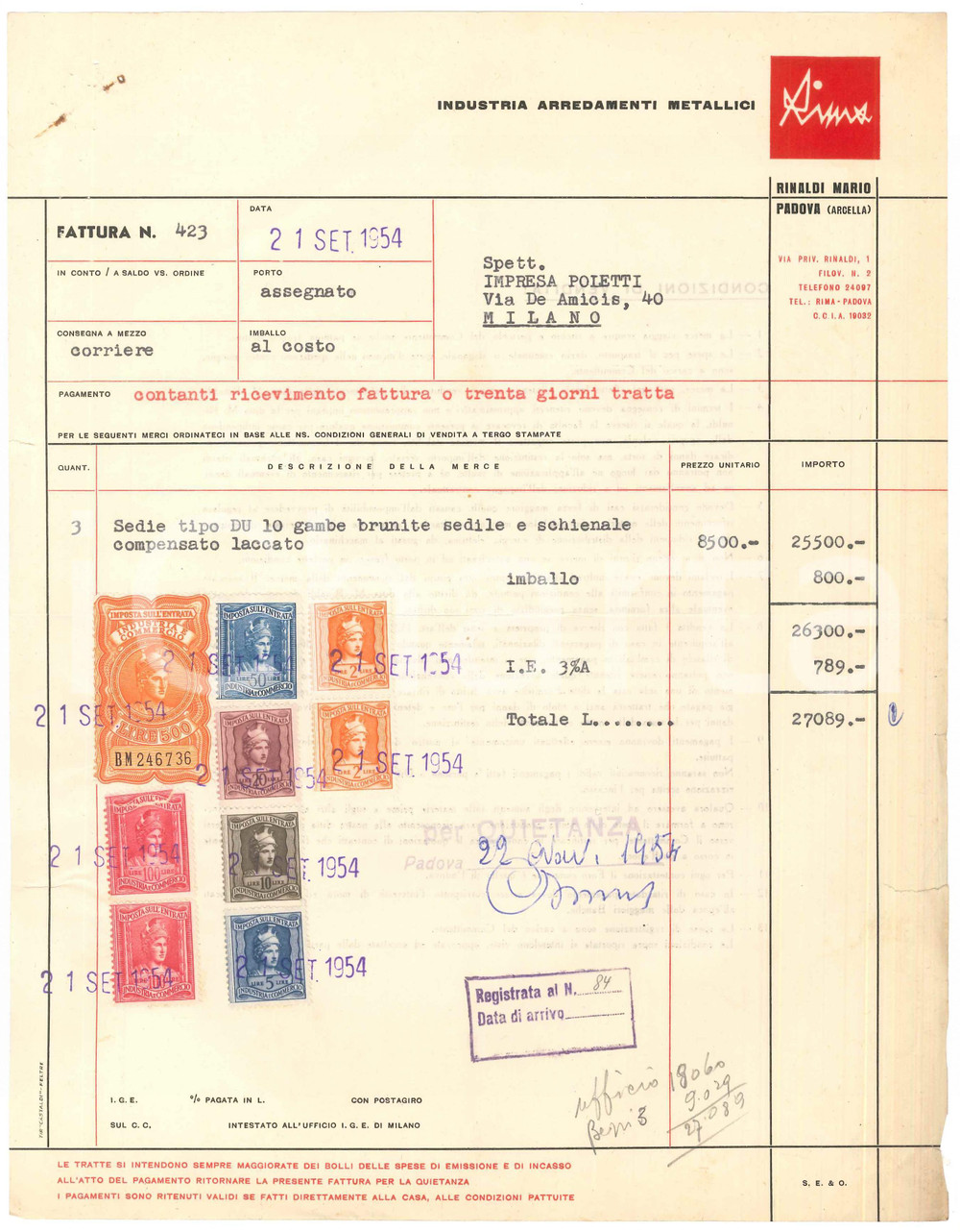 Documento originale, autentico 1954 PADOVA ARCELLA  RIMA industria arredamenti  Fattura per sedie 1