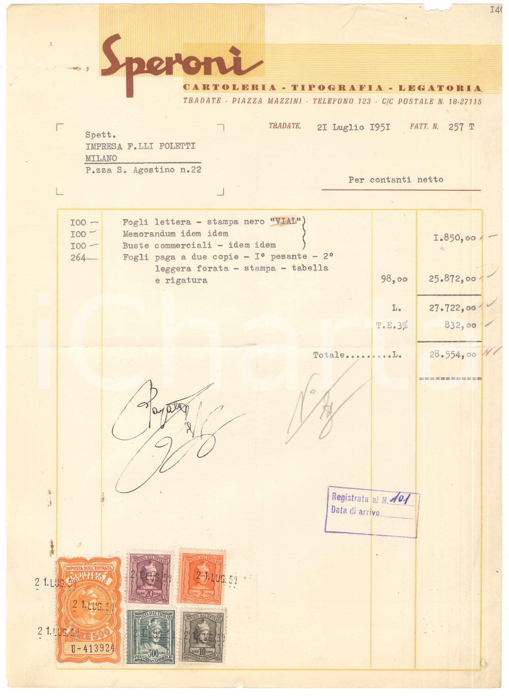 Documento originale, autentico 1951 TRADATE VA Cartoleria tipolito SPERONI  Fattura intestata 1