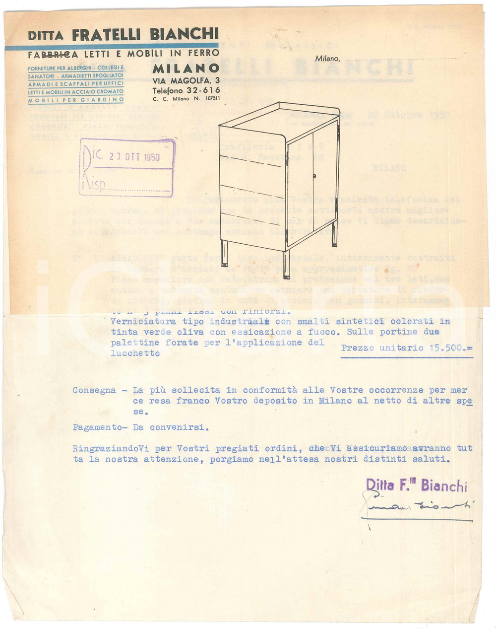 Documento originale, autentico 1950 MILANO Via Magolfa 3  Mobili in ferro FRATELLI BIANCHI Lettera commerciale 1
