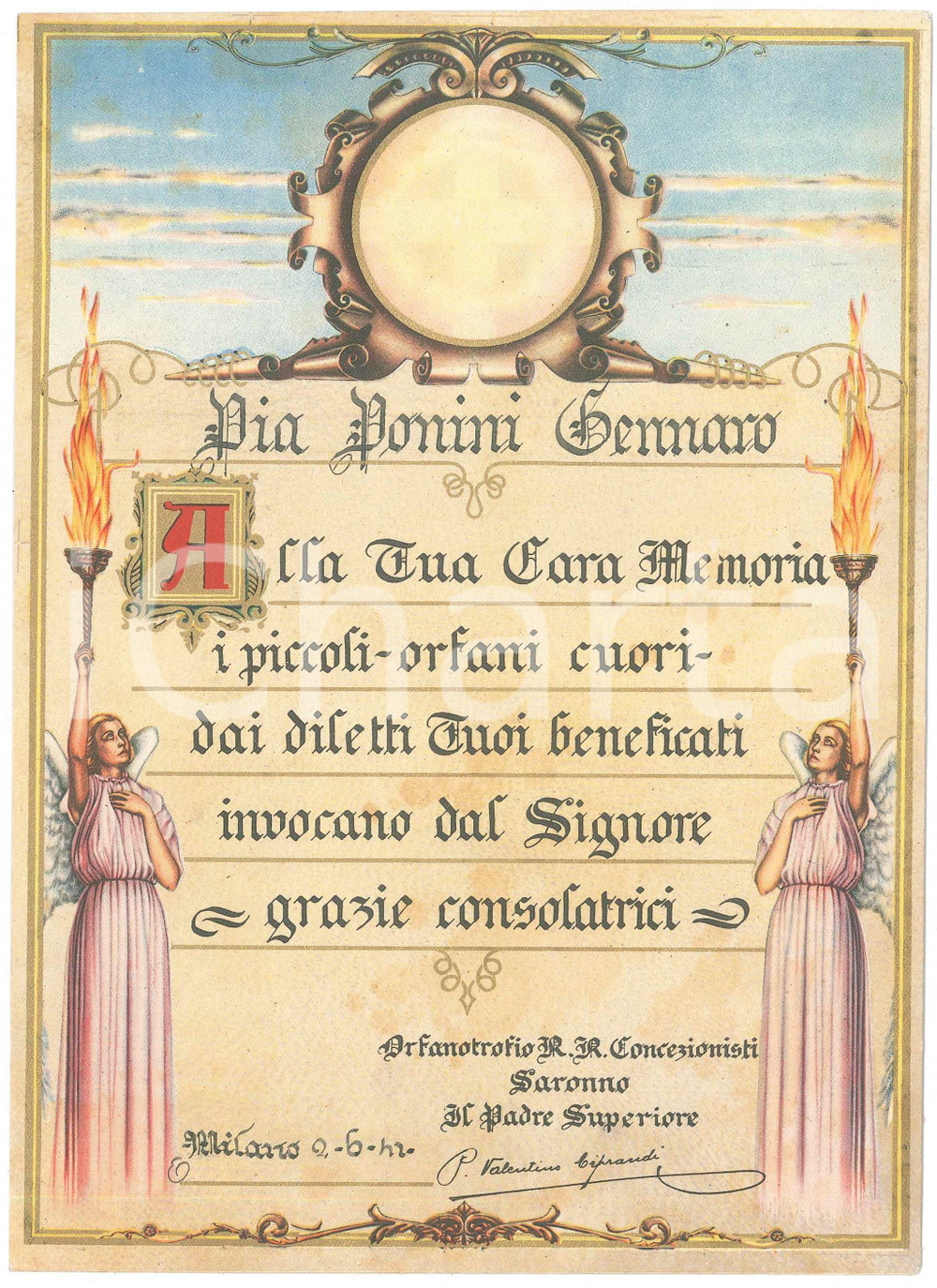 Oggetto da collezione cartaceo 1942 SARONNO Orfanotrofio R.R. Concezionisti  In suffragio Gennaro PIA POMINI 1