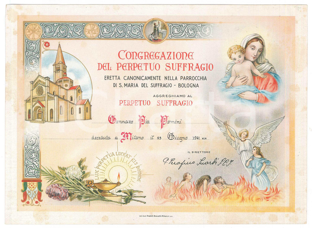 Oggetto da collezione cartaceo 1941 BOLOGNA Congregazione perpetuo suffragio  In suffragio Gennaro PIA POMINI 1