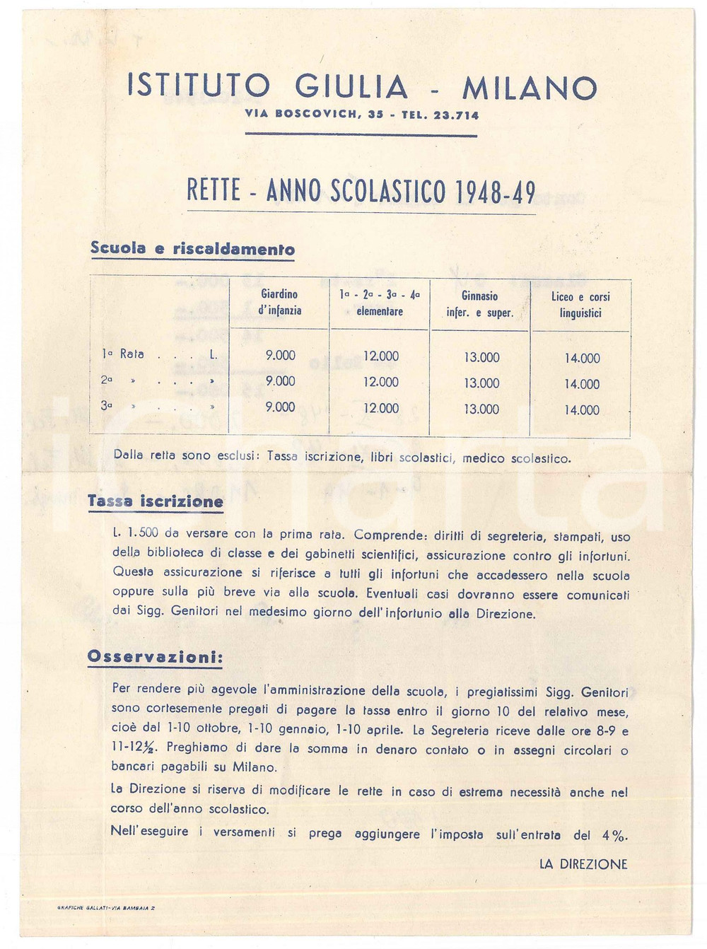 Documento originale, autentico 1948 MILANO Istituto Giulia  Via Boscovich 35  Rette per l anno scolastico 1