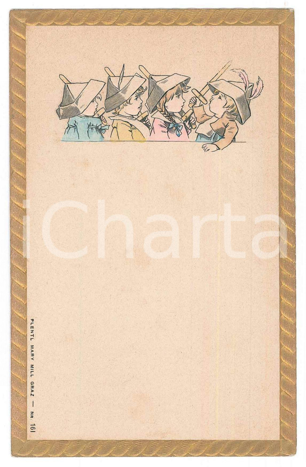 Cartolina originale da collezione 1900 ca CHILDREN Babies with paper hats and wooden swords  Embossed postcard 1