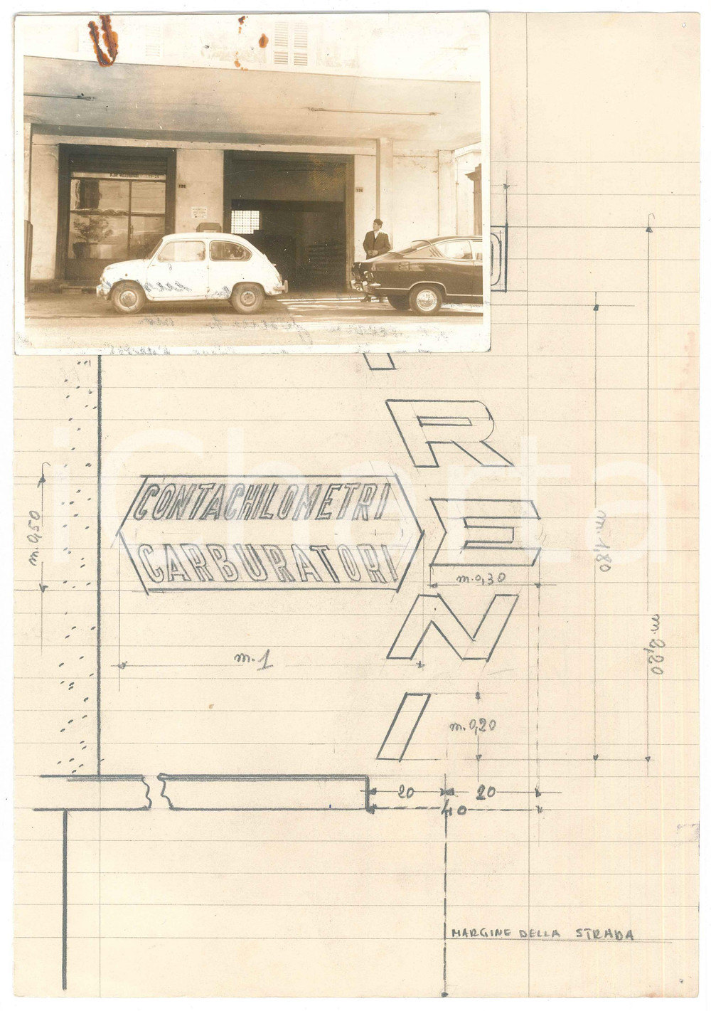 Fotografia d epoca originale 1960 ca PESARO Viale della Vittoria 128  Progetto per insegna officina 1