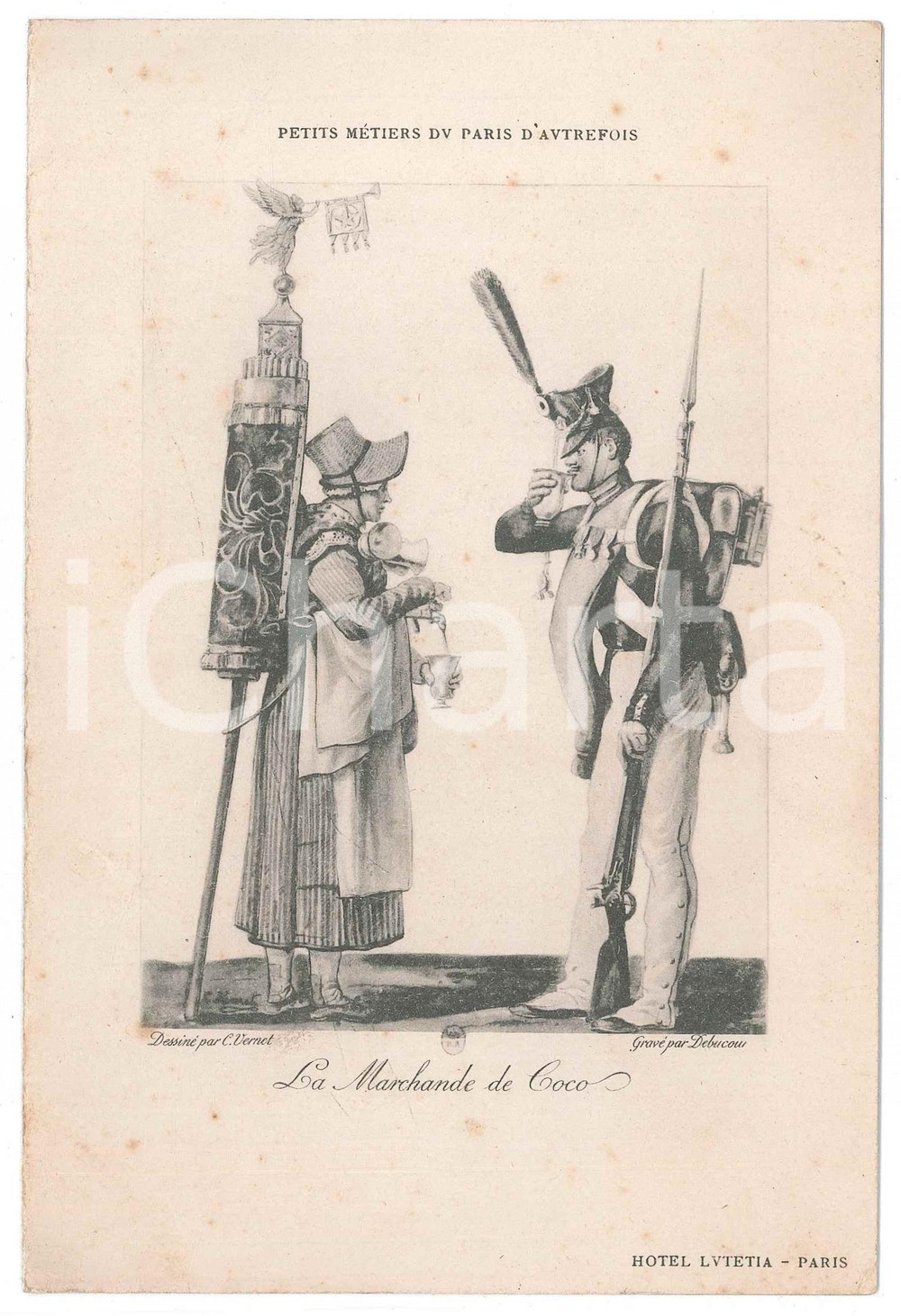 Oggetto da collezione cartaceo 1949 PARIS Hotel LUTETIA  Petits mÃ©tiers  La marchande de coco Menu 1