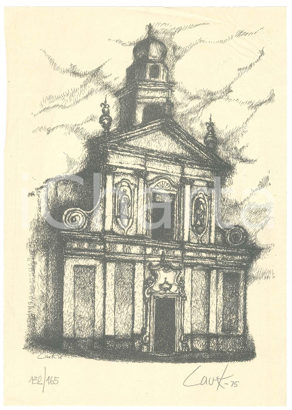 Stampa, bozzetto originale 1975 ARTE Veduta di una chiesa  Stampa firmata LAUK nÂ°132/165 1