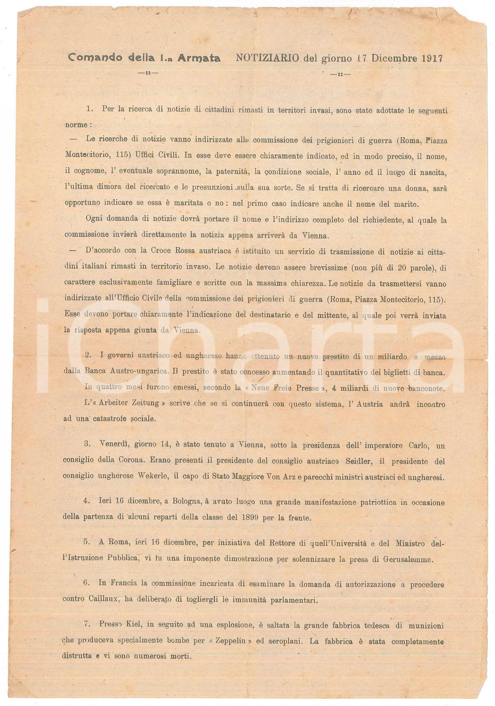 Documento originale, autentico 1917 ITALIA  WW1 Comando della 1 Armata  Bollettino del 17 dicembre 19x28 cm 1