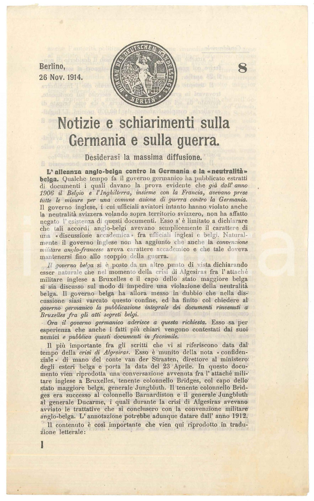 Documento originale, autentico 1914 WW1 Bureau des deutschen handelstages  Notizie sulla Germania  n.8 1