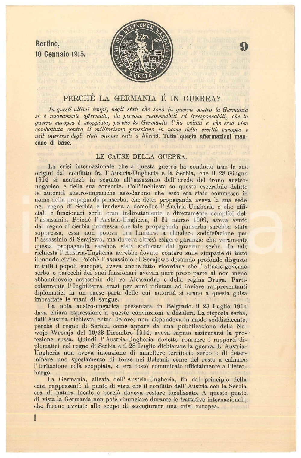 Documento originale, autentico 1915 WW1 Bureau des deutschen handelstages  PerchÃ© la Germania Ã¨ in guerra? 1