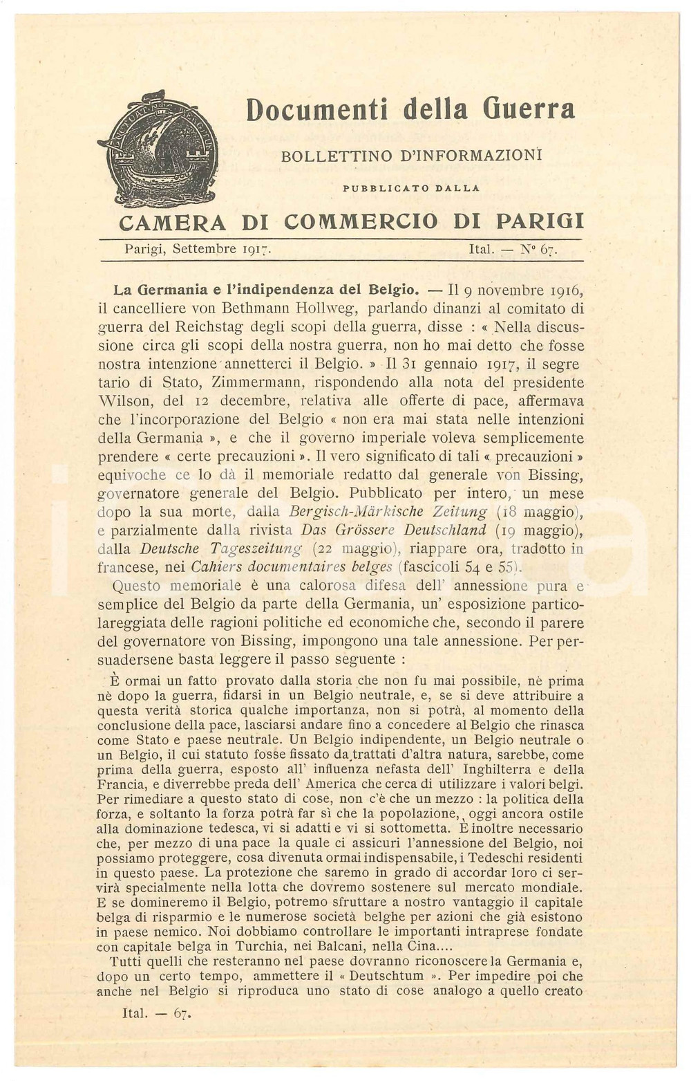 Libro, pubblicazione d epoca 1917 WW1 Documenti della guerra  Camera di commercio di PARIGI Bollettino n.67 1