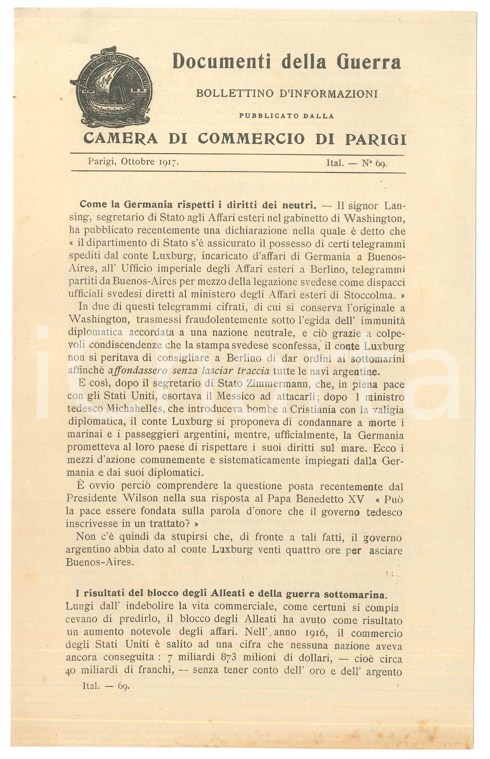 1917 WW1 Documenti della guerra - Camera di commercio di PARIGI Bollettino n.69