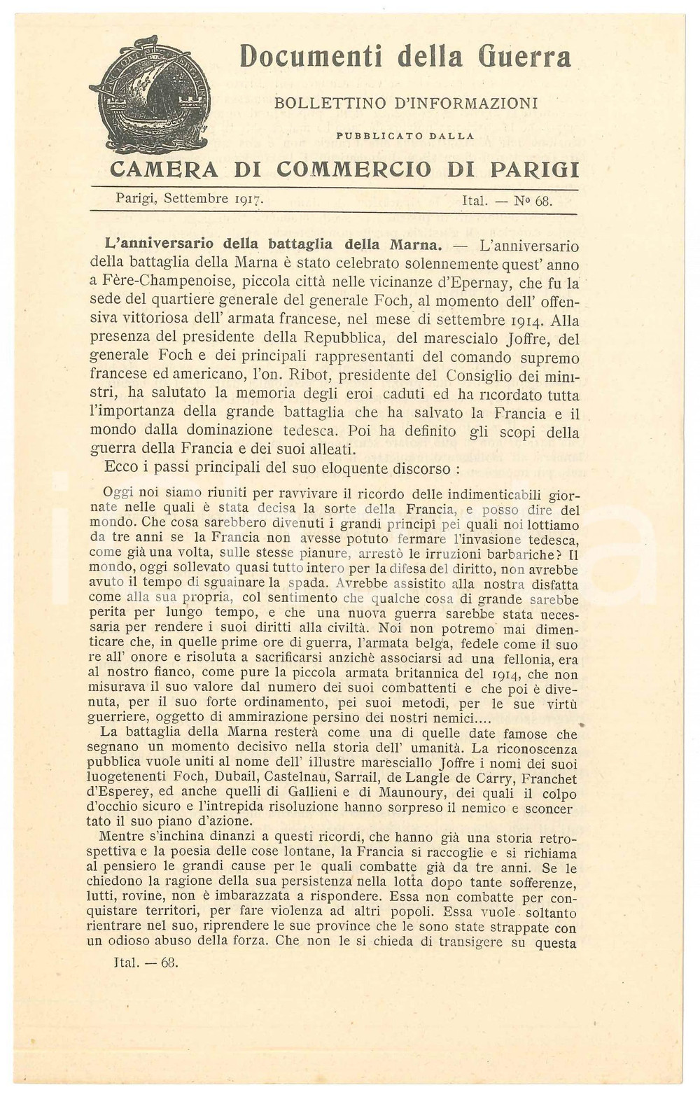 Libro, pubblicazione d epoca 1917 WW1 Documenti della guerra  Camera di commercio di PARIGI Bollettino n.68 1