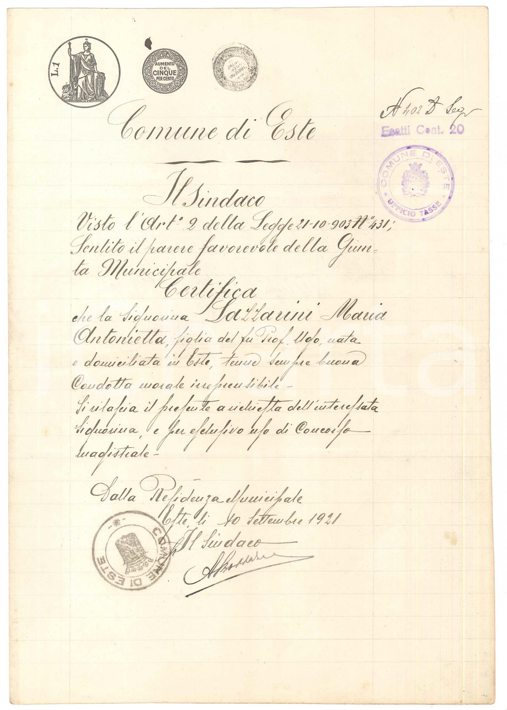 Documento originale, autentico 1921 ESTE PD Certificato di moralitÃ  per Maria Antonietta LAZZARINI 1