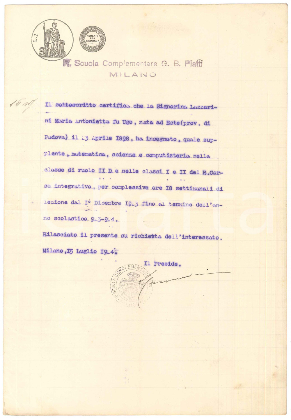 Documento originale, autentico 1924 MILANO R. Scuola G. B. Piatti  Certificato Maria Antonietta LAZZARINI 1