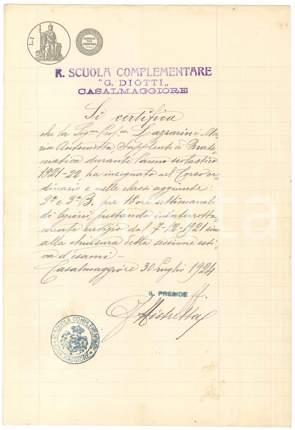 Documento originale, autentico 1924 CASALMAGGIORE R. Scuola DIOTTI  Certificato Maria Antonietta LAZZARINI 1