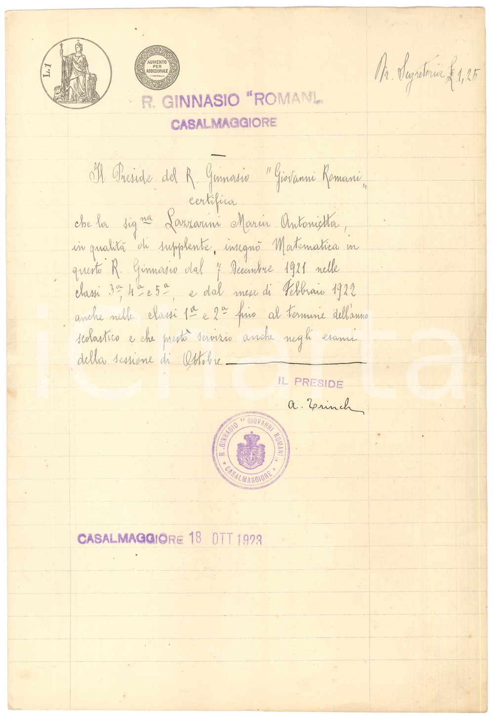 Documento originale, autentico 1923 CASALMAGGIORE R. Ginnasio ROMANI  Certificato Maria Antonietta LAZZARINI 1