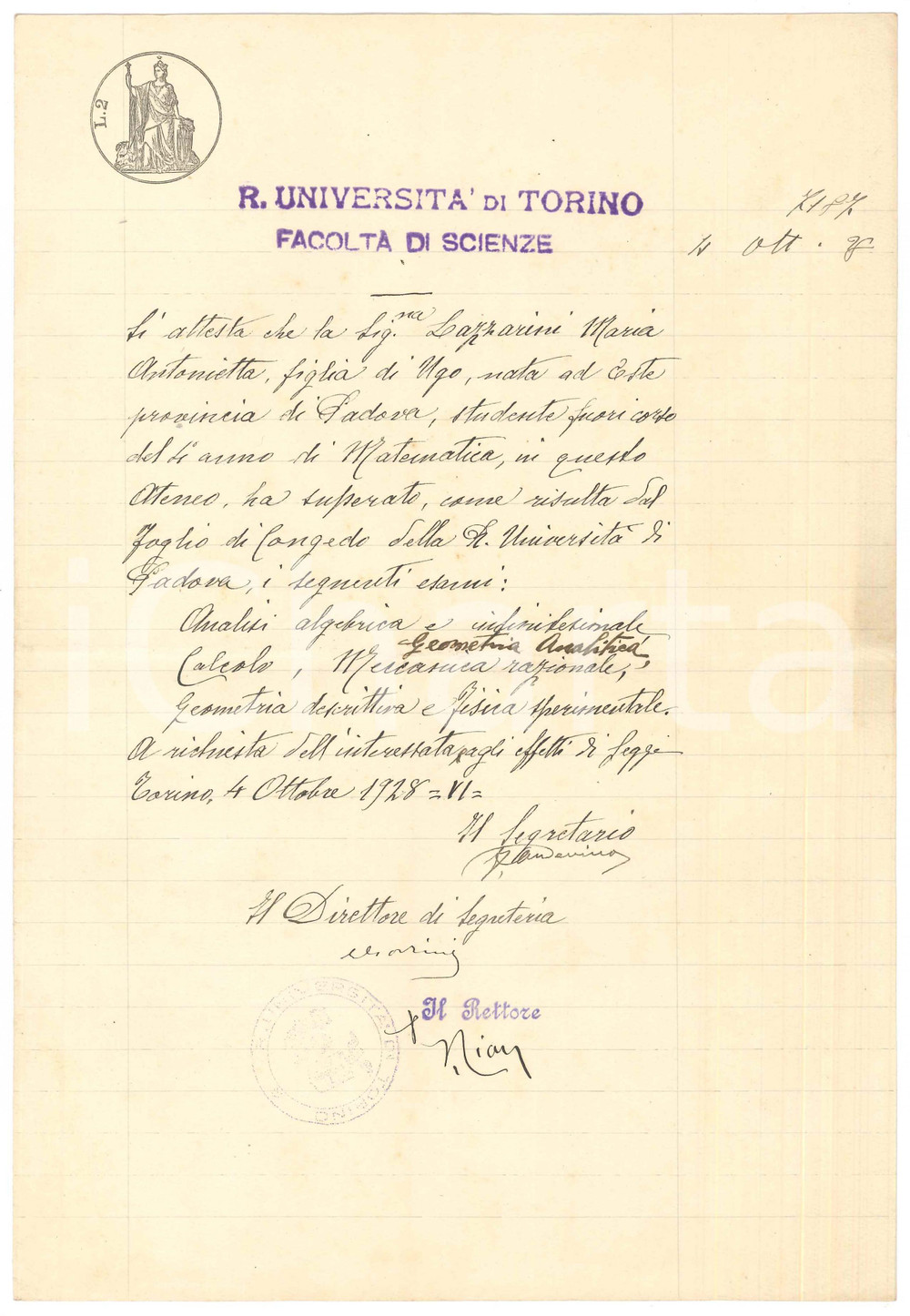 Documento originale, autentico 1928 UniversitÃ  di TORINO  Certificato esami di Maria Antonietta LAZZARINI 1