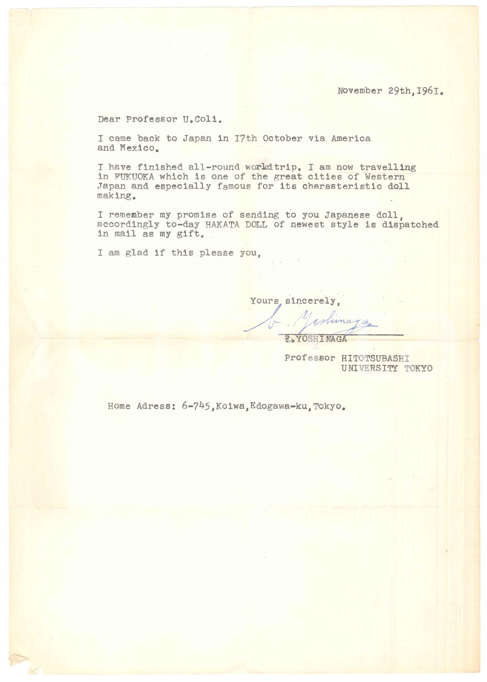 Autografo originale 1971 UNIVERSITY OF TOKYO Professor F. YOSHINAGA promises Japanese doll AUTOGRAPH 1
