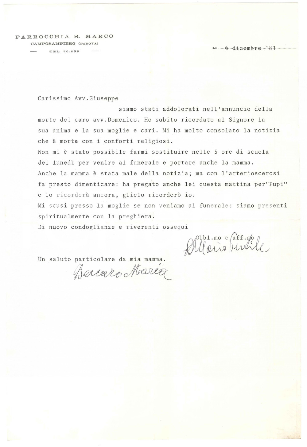 Autografo originale 1981 CAMPOSAMPIERO Lettera don Mario PERTILE per condoglianze  Autografo 1