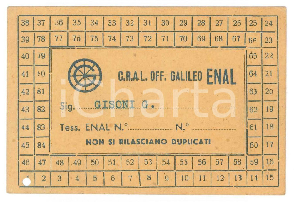 Oggetto da collezione cartaceo 1955 ca FIRENZE  CRAL Officine Galileo  Tessera ENAL 10x7 cm 1