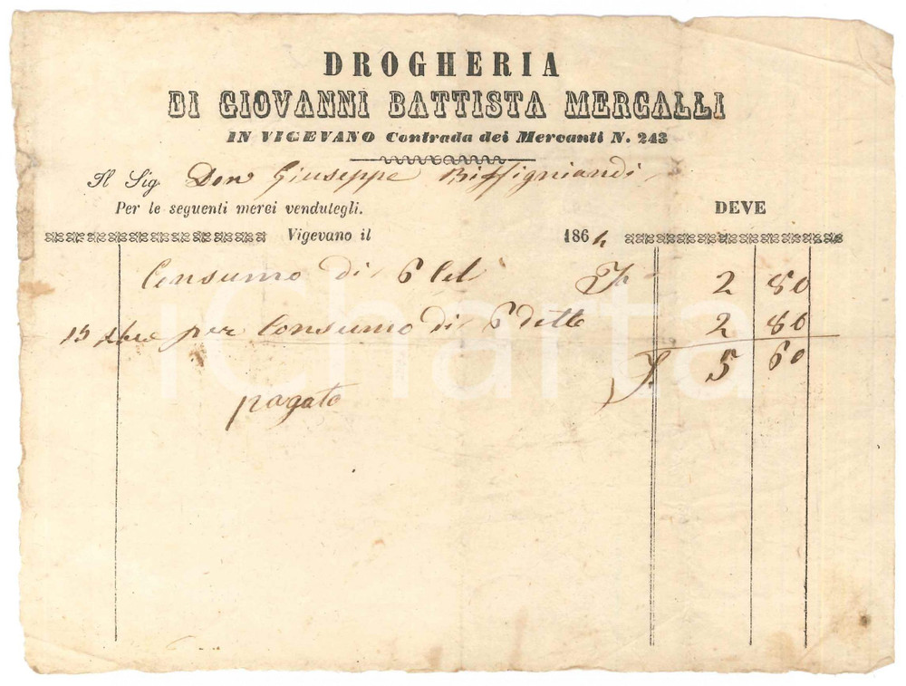 Documento originale, autentico 1864 VIGEVANO Contrada dei mercanti  Drogheria Giovanni Battista MERCALLI 4 1