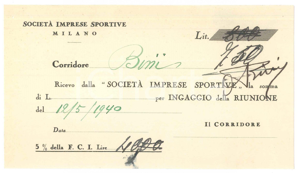 Autografo originale 1940 CICLISMO Milano VIGORELLI Ricevuta Aldo BINI per corsa AUTOGRAFO 1
