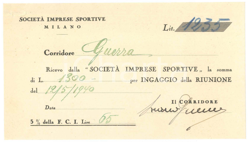 Autografo originale 1940 CICLISMO Milano VIGORELLI Ricevuta Learco GUERRA per corsa AUTOGRAFO 1