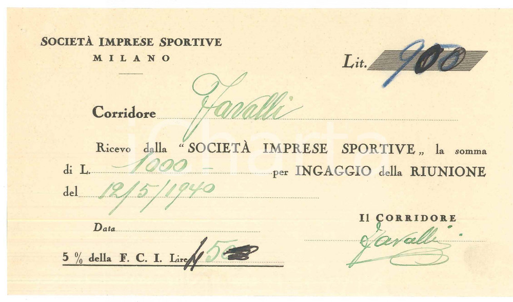 Autografo originale 1940 CICLISMO Milano VIGORELLI Ricevuta Pierino FAVALLI per corsa AUTOGRAFO 1
