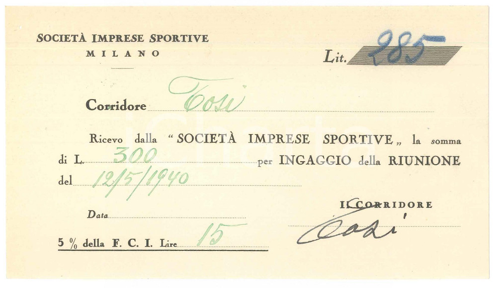 Autografo originale 1940 CICLISMO Milano VIGORELLI Ricevuta Angelo TOSI per corsa AUTOGRAFO 1