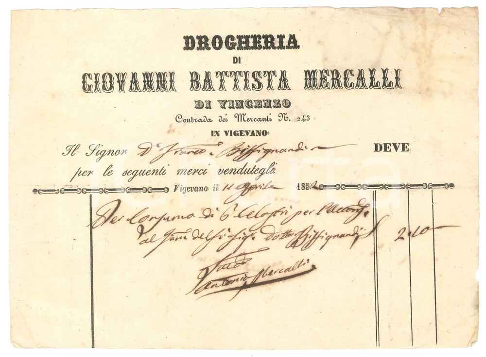 Documento originale, autentico 1852 VIGEVANO Contrada dei mercanti  Drogheria Giovanni Battista MERCALLI 5 1