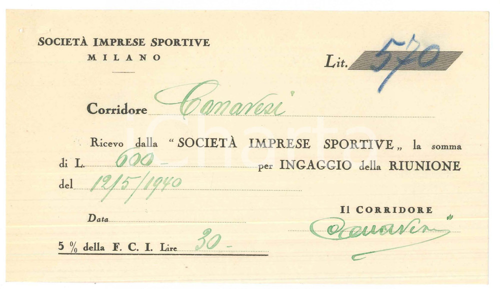 Autografo originale 1940 CICLISMO Milano VIGORELLI Ricevuta Severino CANAVESI per corsa AUTOGRAFO 1