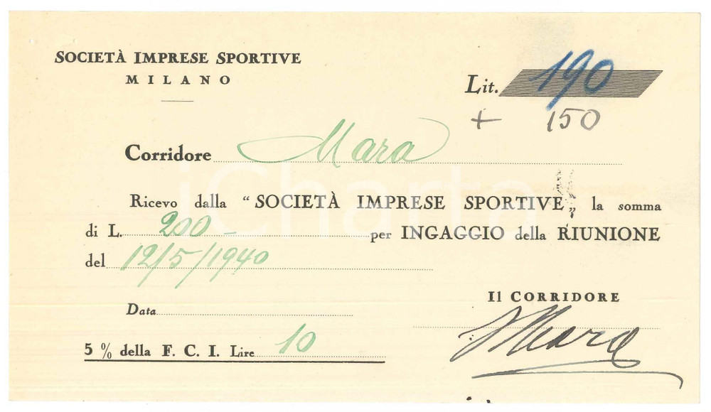 Autografo originale 1940 CICLISMO Milano VIGORELLI Ricevuta Enrico MARA per corsa AUTOGRAFO 1