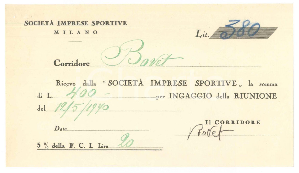 Autografo originale 1940 CICLISMO Milano VIGORELLI Ricevuta Alfredo BOVET per corsa AUTOGRAFO 1
