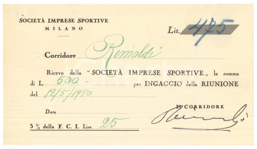 Autografo originale 1940 CICLISMO Milano VIGORELLI Ricevuta Pietro RIMOLDI per corsa AUTOGRAFO 1