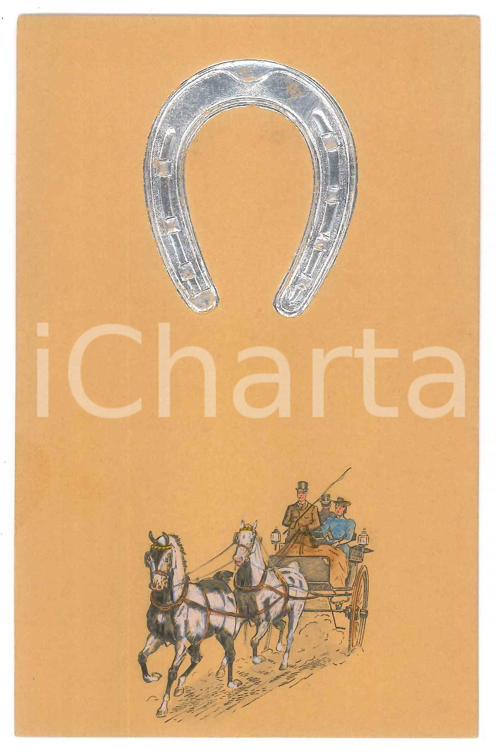 Cartolina originale da collezione 1910 ca GOOD LUCK Horses pulling a carriage  Embossed horseshoe  Biglietto 1