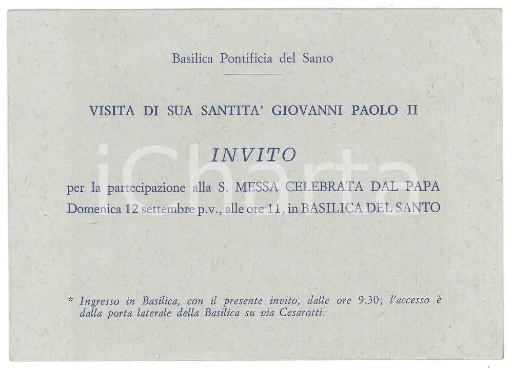 Oggetto da collezione cartaceo 1982 PADOVA Visita di Papa GIOVANNI PAOLO II Invito per la messa alla Basilica 1