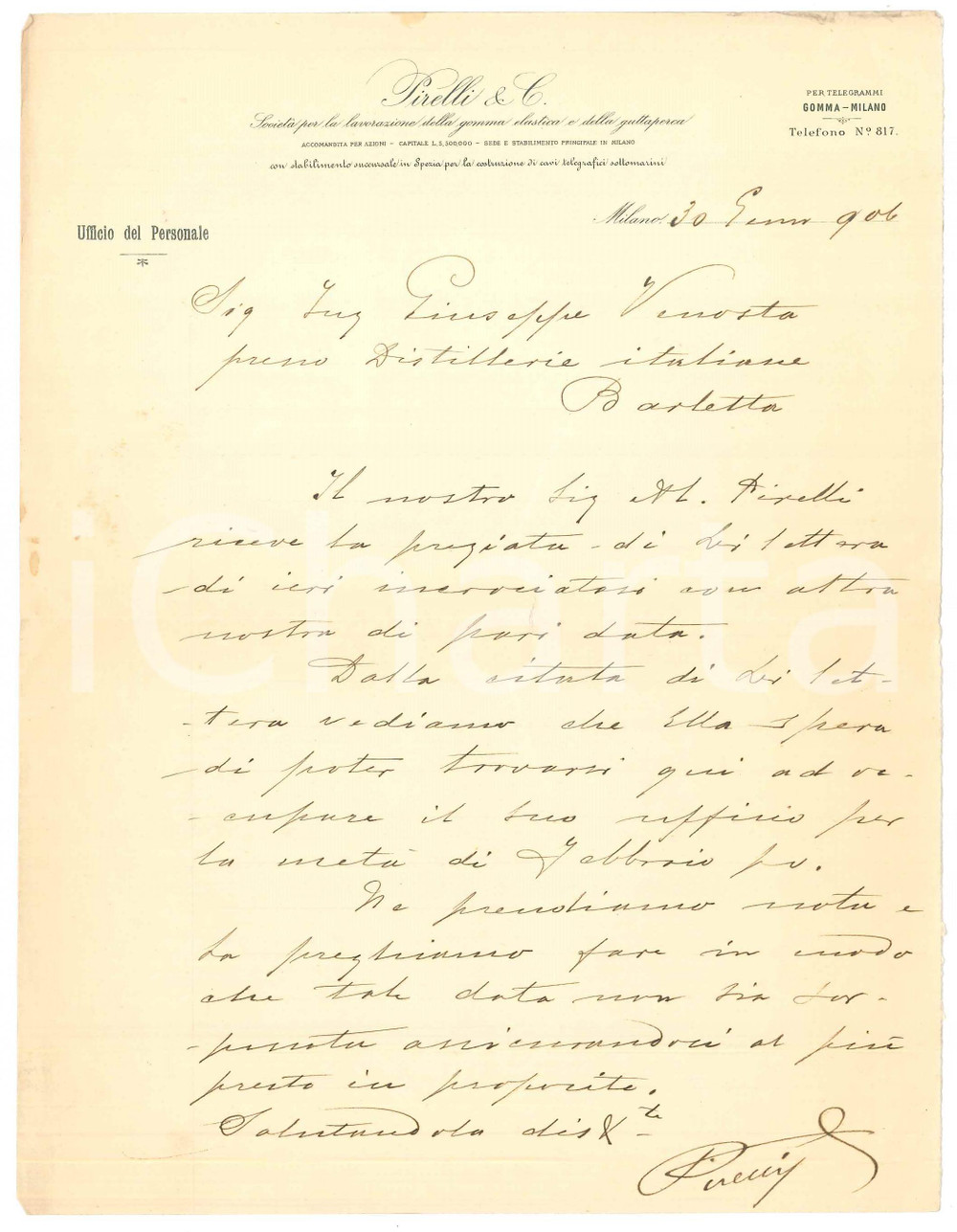 Autografo originale 1906 MILANO  Autografo Giovanni Battista PIRELLI  Lettera a Giuseppe Venosta 1