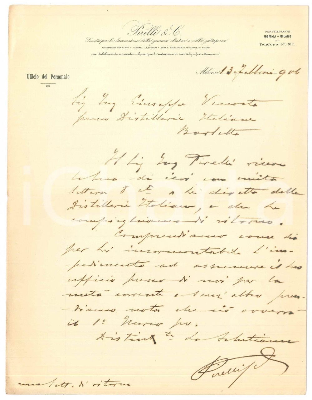 Autografo originale 1906 MILANO  Autografo Giovanni Battista PIRELLI su lettera a Giuseppe Venosta 1
