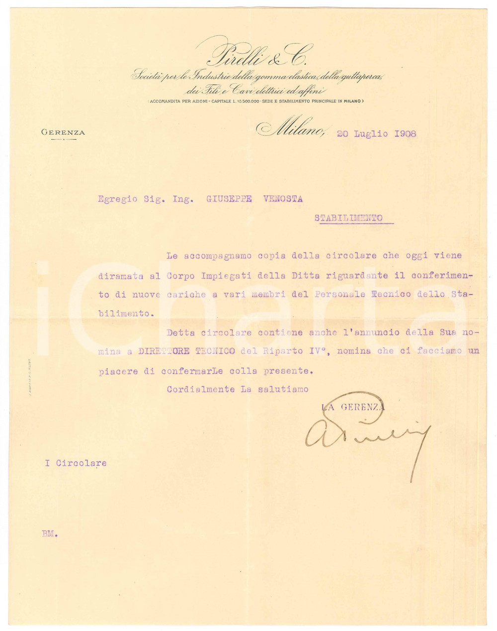 Autografo originale 1908 MILANO PIRELLI & C.  Lettera Alberto PIRELLI a direttore tecnico AUTOGRAFO 1