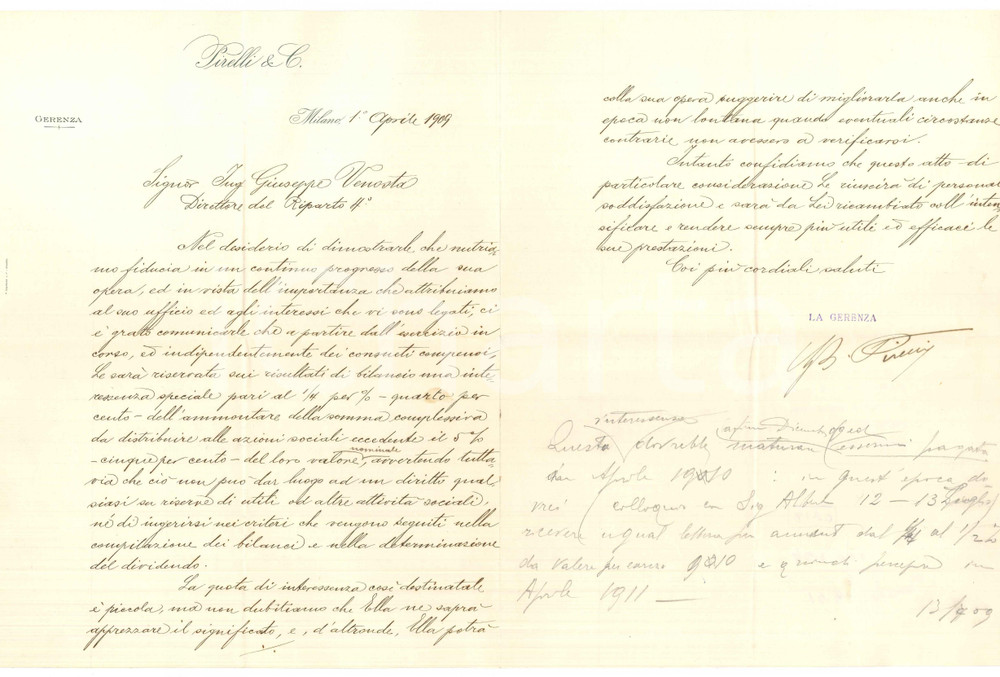 Autografo originale 1909 MILANO Lettera Giovanni Battista PIRELLI all ing. Venosta AUTOGRAFO 1