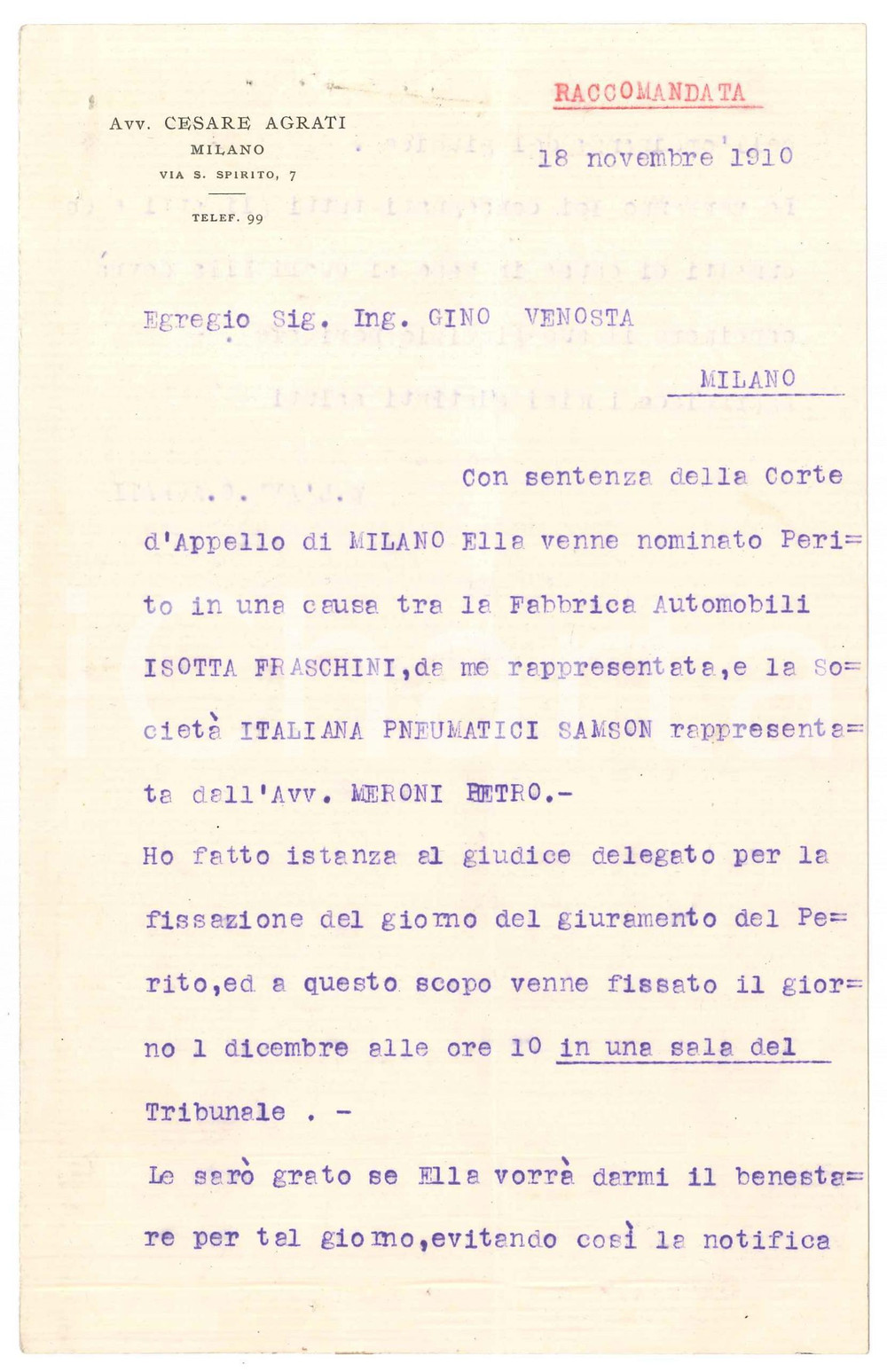 Manoscritto, lettera originale 1910 MILANO Lettera studio avv. Cesare AGRATI per nomina di un perito 1