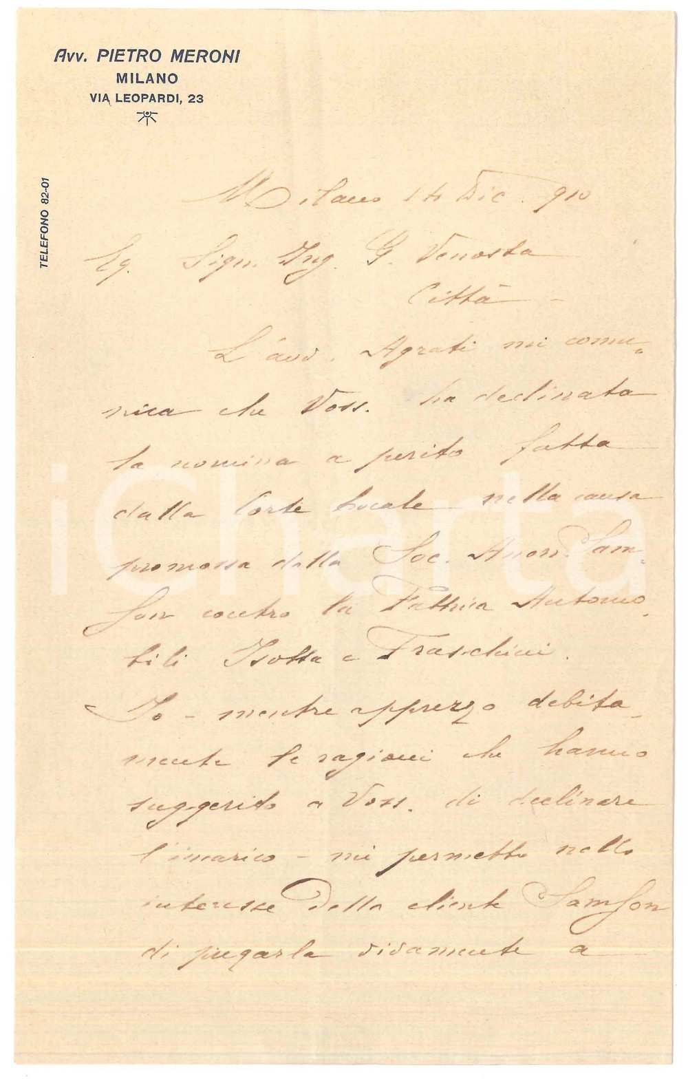 Manoscritto, lettera originale 1910 MILANO Lettera avv. Pietro MERONI per incarico rifiutato Autografo 1