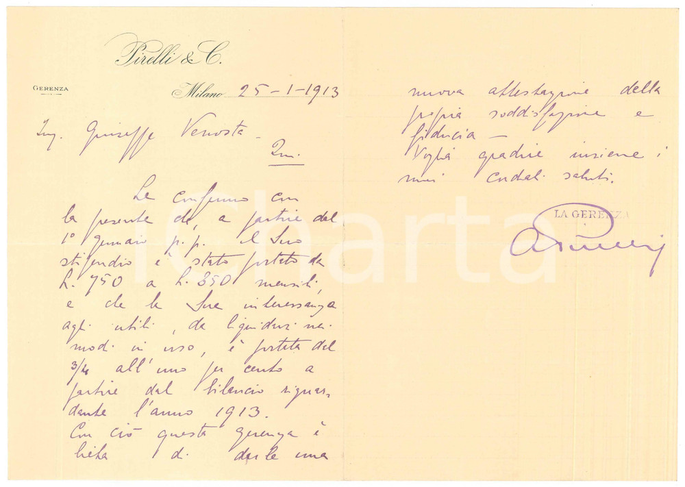 Autografo originale 1913 MILANO PIRELLI  Lettera Alberto PIRELLI  Compenso dipendente AUTOGRAFO 1
