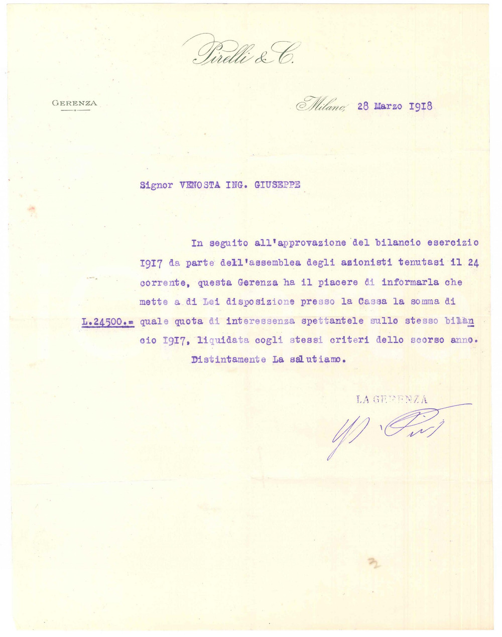 Autografo originale 1918 MILANO Lettera Giovanni Battista PIRELLI all ing. Venosta AUTOGRAFO 1